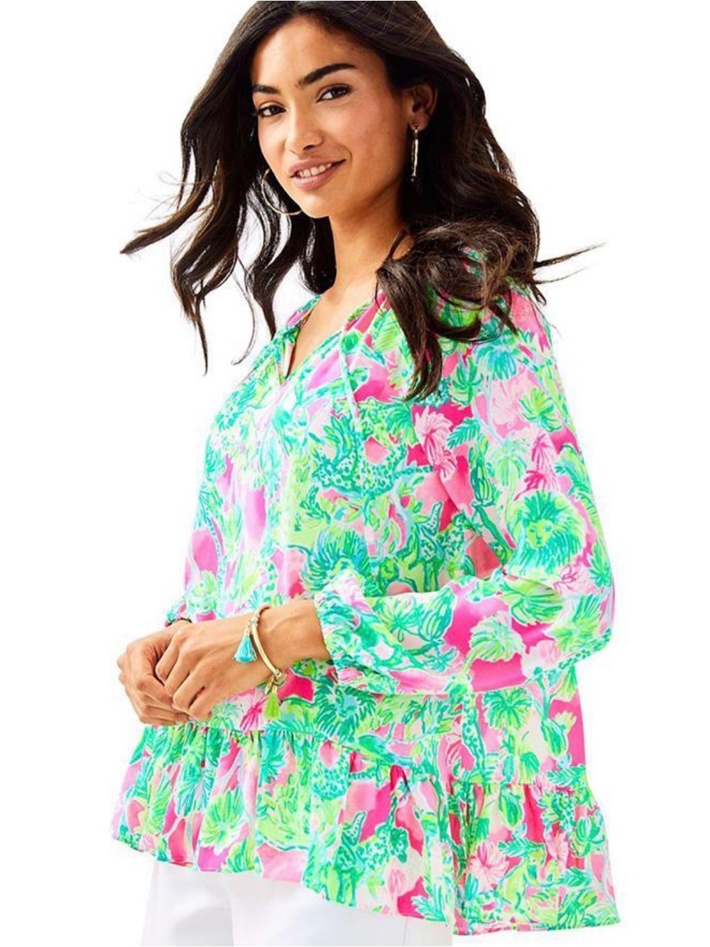 Lilly Pulitzer Tensley Raz Berry Catty Shack Ruffle Blouse Pink Green Size M